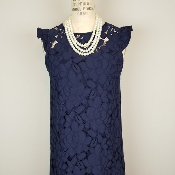 Monteau Navy Blue Lace Sheath Dress with Flutter Sleeves Women's Size Small NEW - Picture 2 of 11